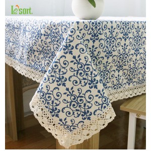 Pastoral de algodón y lino tela de mesa rectangular Encaje borde azul y blanco mantel porcelana impreso ali-57873927